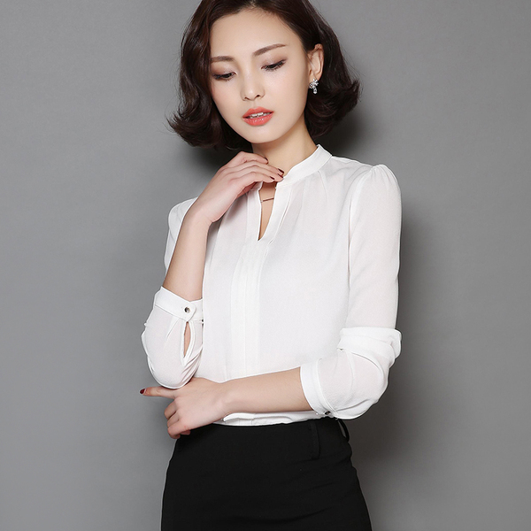 白色衬衣女2016春季新品韩版修身职业女装打底长袖雪纺衫V领
