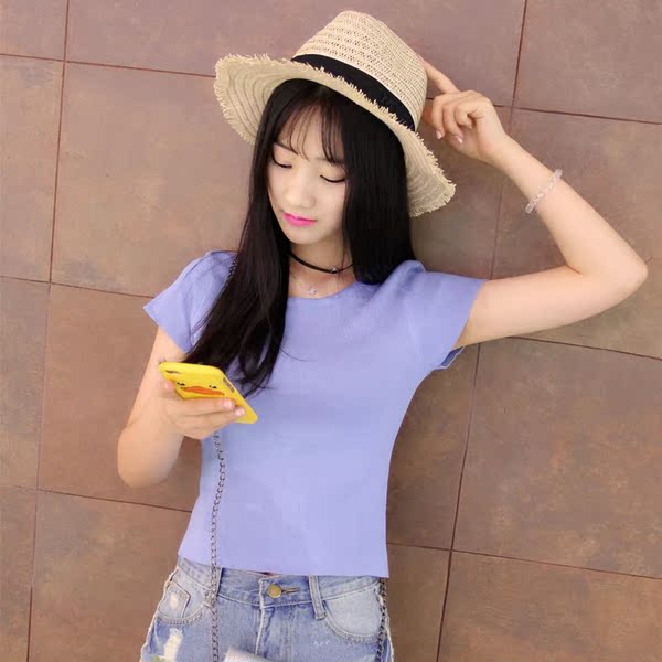 ifashion新款韩版圆领针织短袖T恤纯色百搭显瘦上衣学院风潮包邮