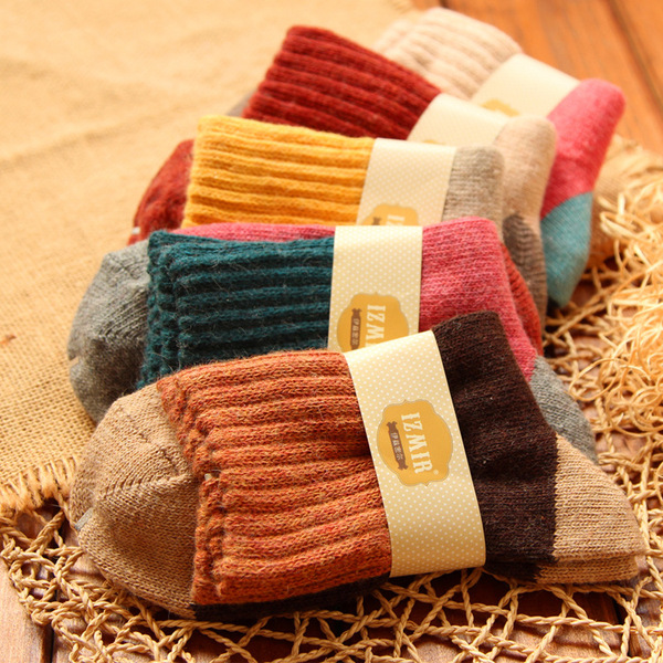 2015新款韩版女袜民族风双针四色拼接加厚保暖兔羊毛袜 毛圈袜子