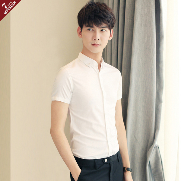 男士短袖衬衫夏季修身韩版青年棉麻白色衬衣男商务薄款发型师衣服