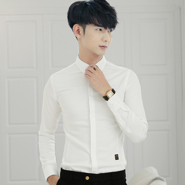 工装白衬衫男长袖韩版修身商务薄款工作服男士衬衣纯色秋季青年潮